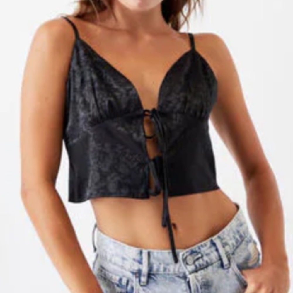 Black Tie Front Satin Tank Top